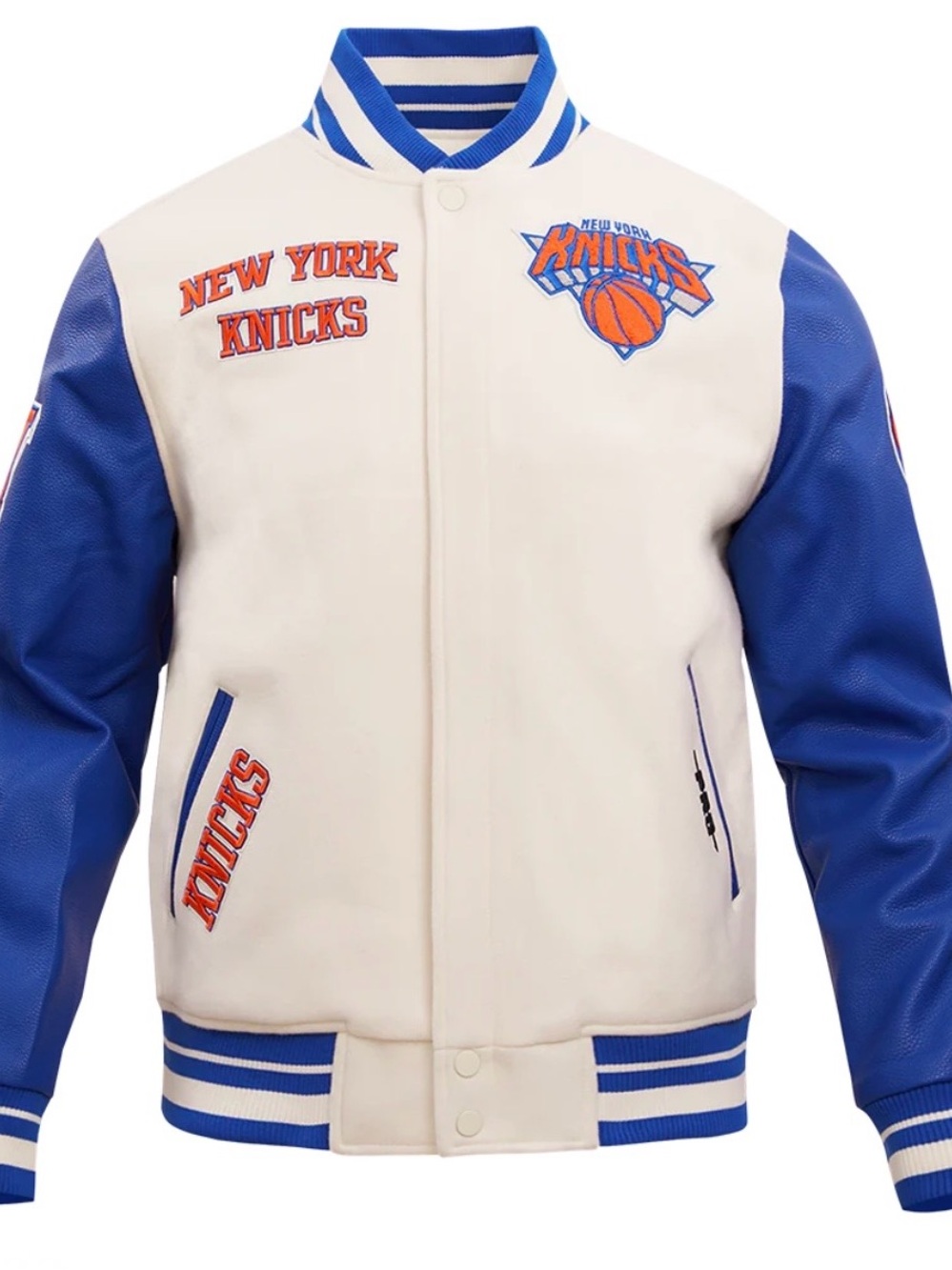 New York Knicks men’s White & Royal Blue Varsity Jacket like new